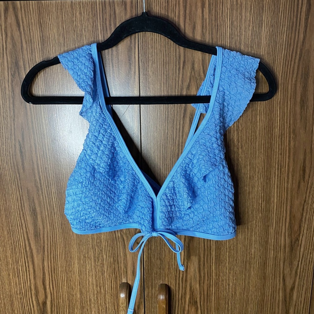 Popcorn‎ Texture Bikini Top Women Large Blue Ruffle Trim Tie Front